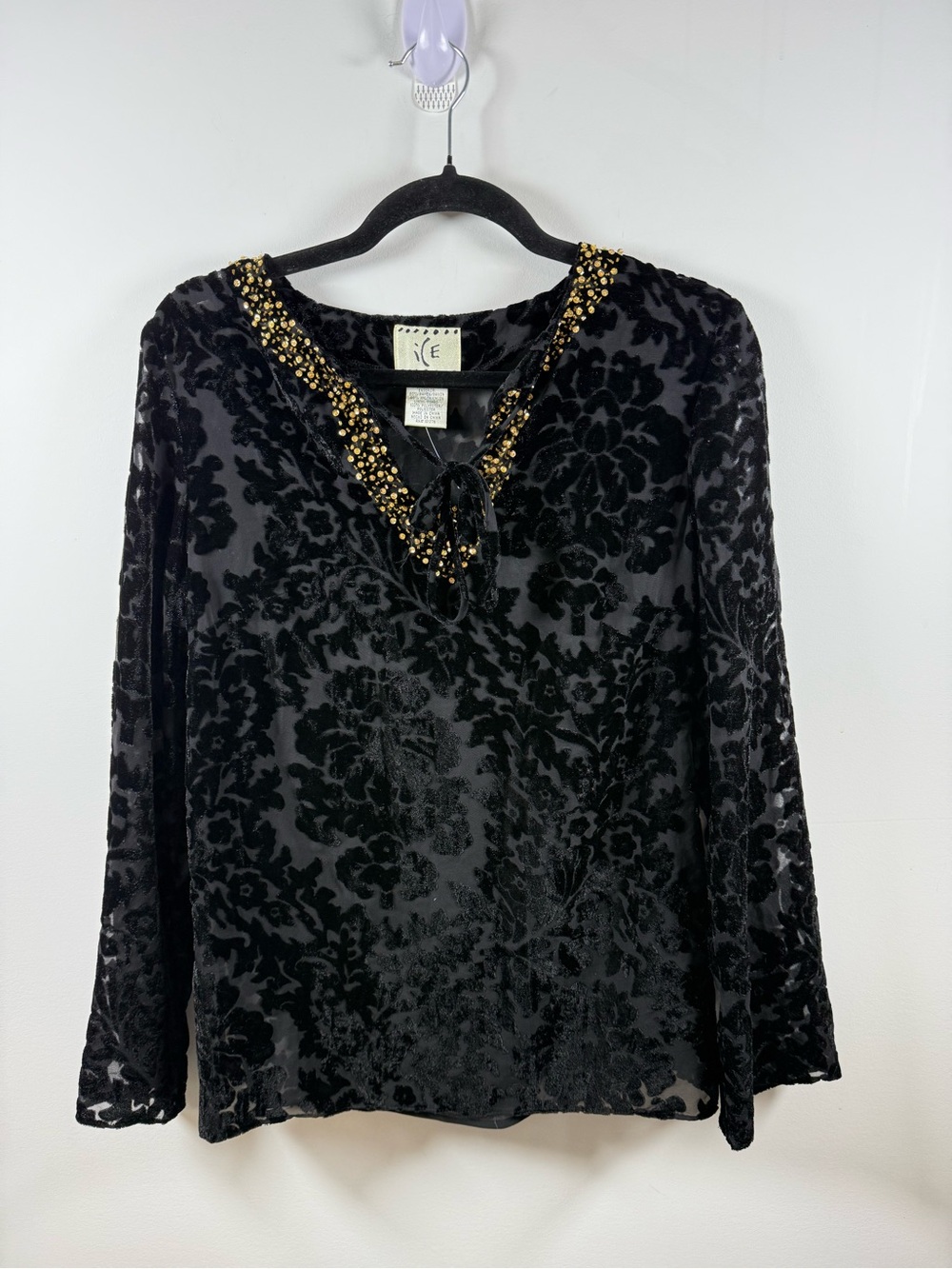 ICE | Vintage Y2K Black Burnout Beaded Blouse Size S